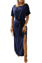 Vestido de noche azul con abertura en la cintura y lazo en la espalda con abertura en la cerradura 