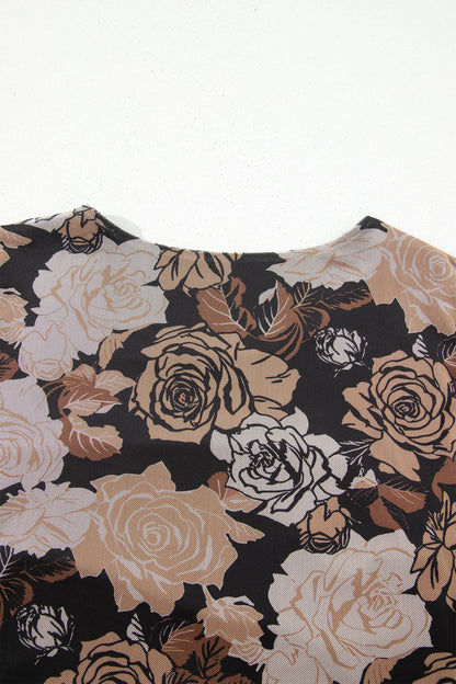 Black Floral Long Sleeve Asymmetric Ruffle Split Hem Mesh Dress