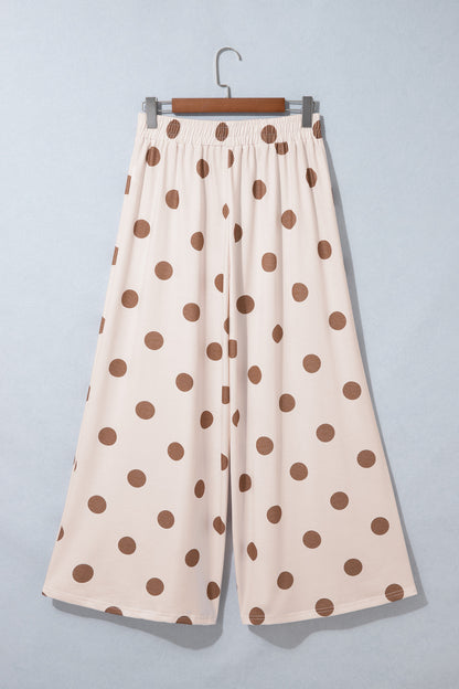 Khaki Polka Dot Wide Leg Elastic Waist Casual Pants