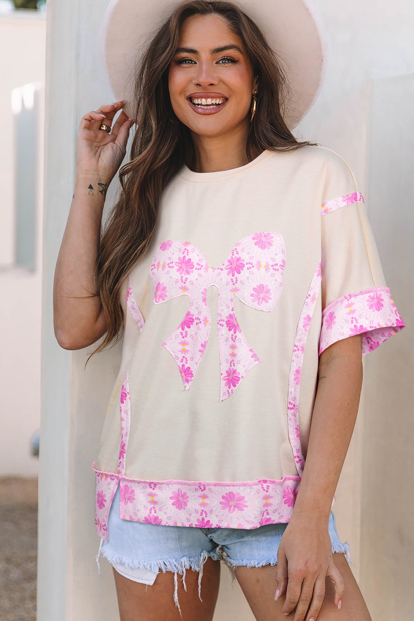 Apricot Daisy Floral Bow Contrast Patchwork Loose T Shirt