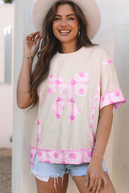 Apricot Daisy Floral Bow Contrast Patchwork Loose T Shirt