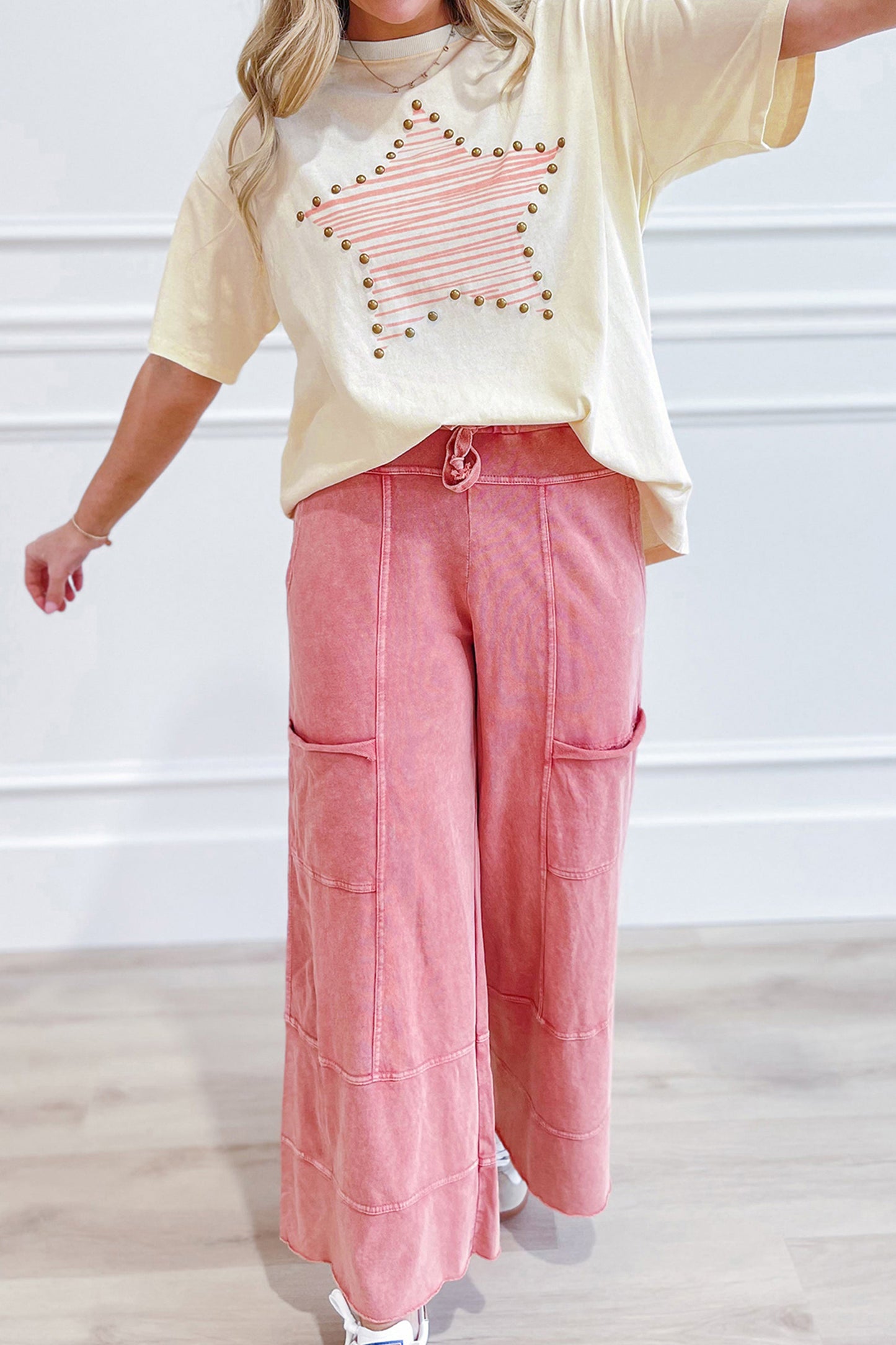 Beige Star Print Stud Detail Cotton Jersey Top