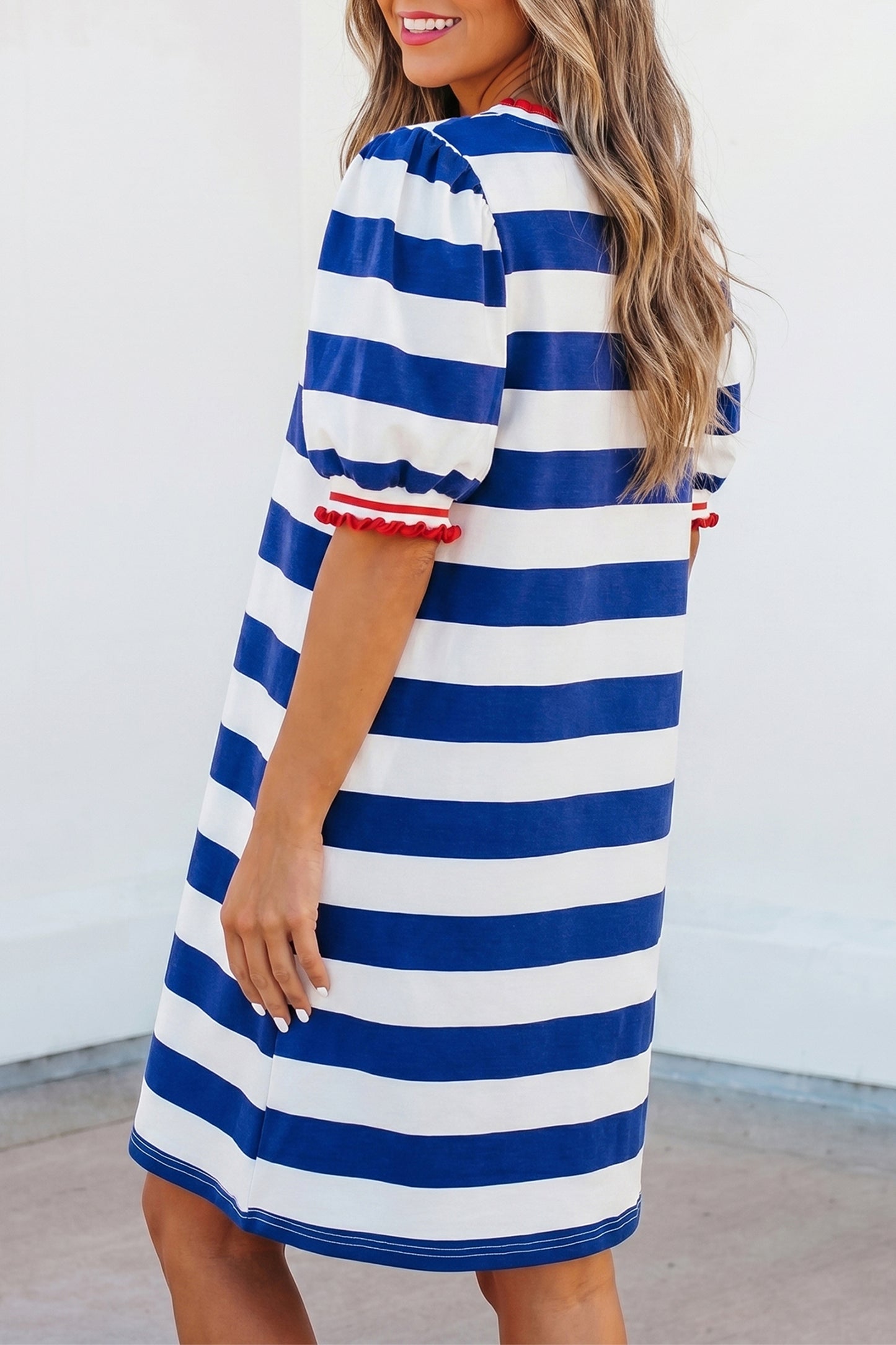 Blue Stripe Contrast Trim Round Neck Short Puff Sleeve Shift Mini Dress