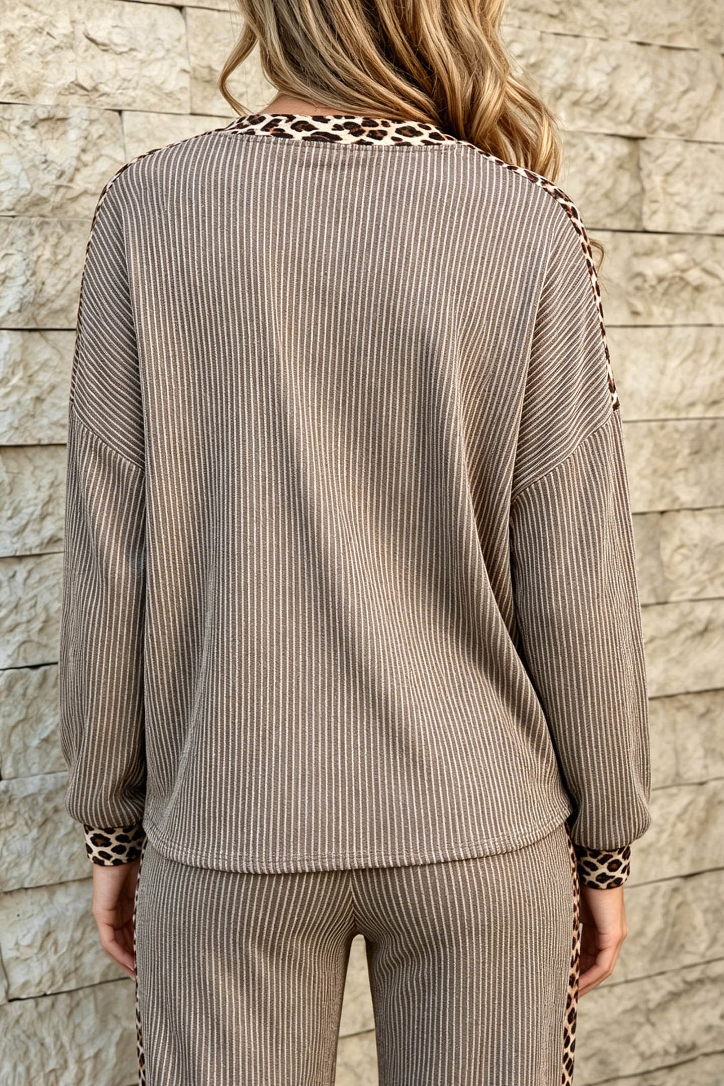 Simply Taupe Cozy Ribbed Patchwork Leopard Trim Long Sleeve 2pcs Pant Set