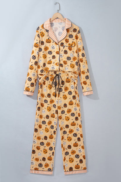 Orange Halloween Pumpkin Print Two Piece Long Sleeve Lounge Set