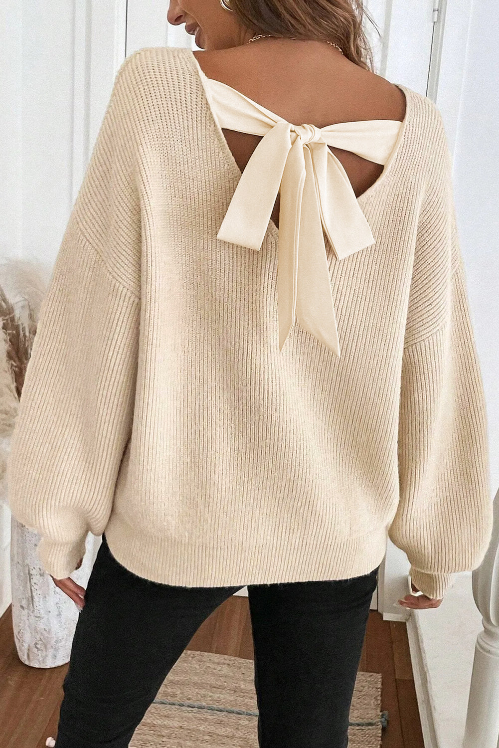 Jet Stream Ribbed Knit Ribbon Knot Backless Drop Shoulder Sweater