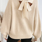Jet Stream Ribbed Knit Ribbon Knot Backless Drop Shoulder Sweater