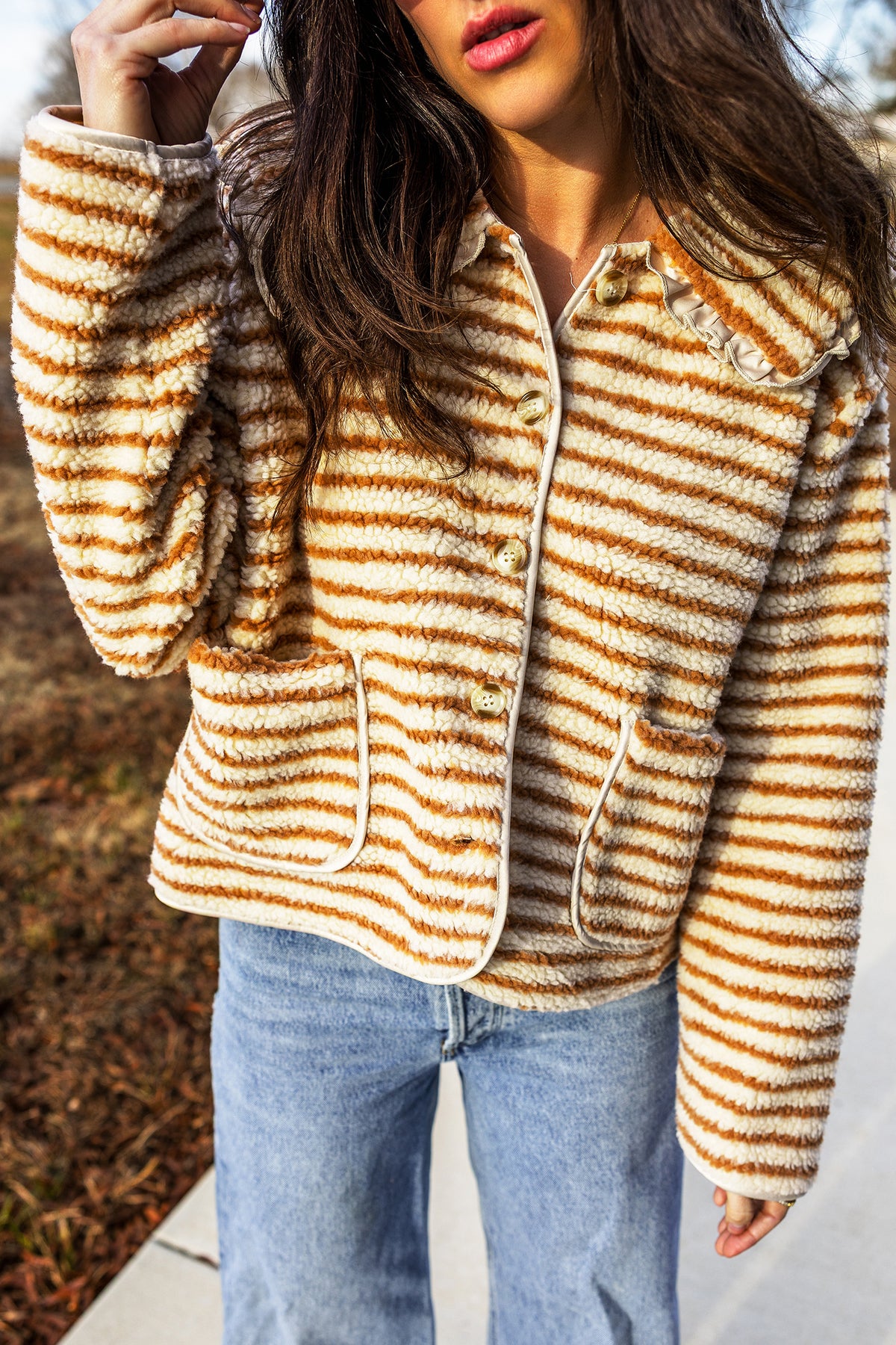 Brown Stripe Striped Fleece Button Front Long Sleeve Regular Fit Jacket