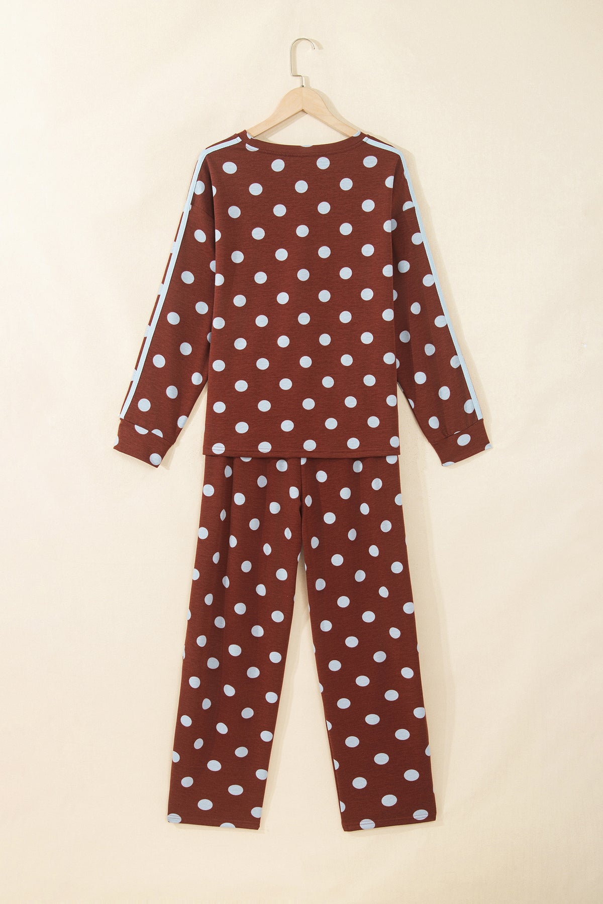 Brown Polka Dot Print Side Stripe Detail Long Sleeve Top Casual Pant Set