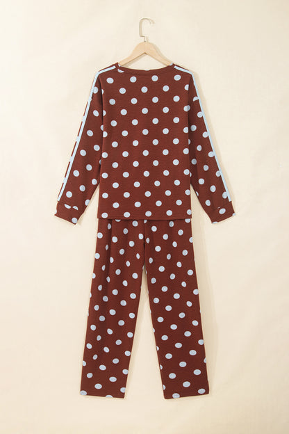 Brown Polka Dot Print Side Stripe Detail Long Sleeve Top Casual Pant Set