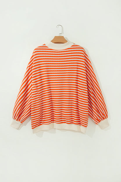 Orange Stripe Striped Textured Stand Neck Oversized Long Sleeve Top