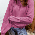 Rose Red Lace Patchwork Detail Notched Neck Mineral Wash Baggy Sweatshirt