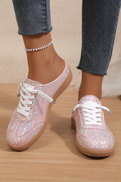 Pink Shiny Leopard Print Lace up Slip On Shoes