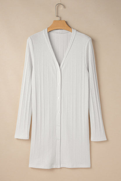 Cardigan tunique boutonné côtelé blanc uni
