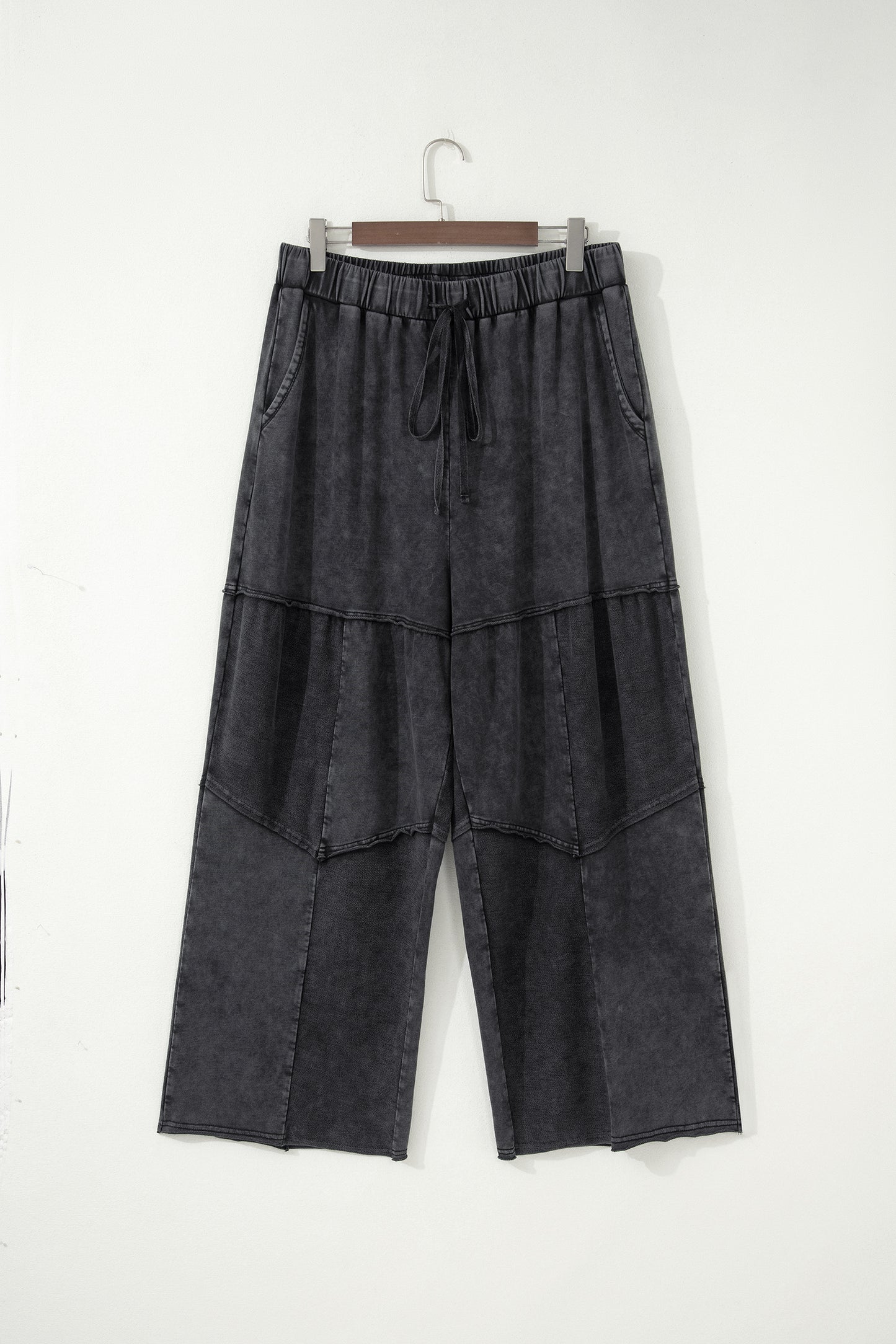 Black Plus Size Mineral Wash Exposed Seam Patchwork Drawstring Loose Pants