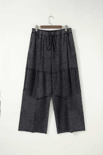 Black Plus Size Mineral Wash Exposed Seam Patchwork Drawstring Loose Pants