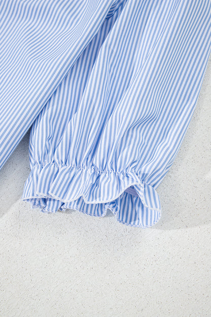Sky Blue Stripe Ruffled Collar Puff Sleeve Half Buttons Blouse