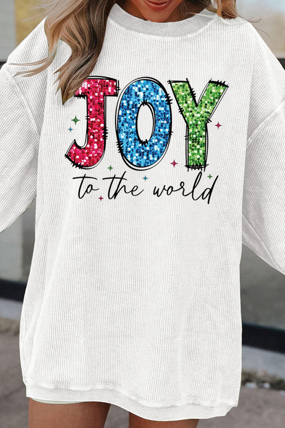 Sweat-shirt ras du cou côtelé blanc JOY to the world