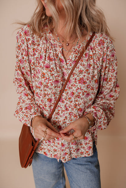 Red Floral Print Pleated Detail Notched Neck Puff Sleeve Blouse