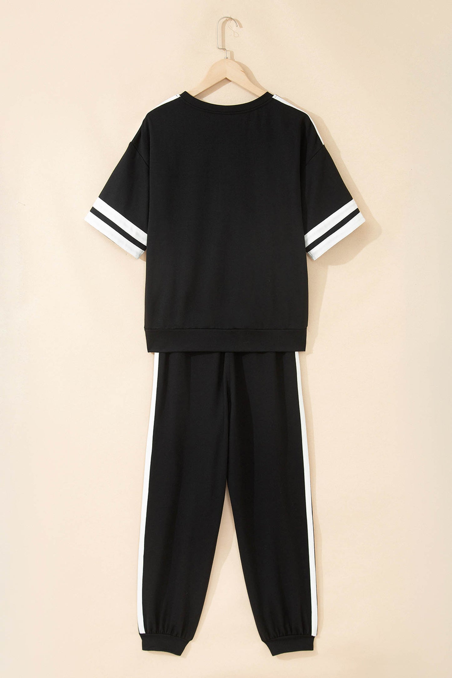 Black Varsity Striped Detail Loose Tee Jogger Pants 2pcs Outfit