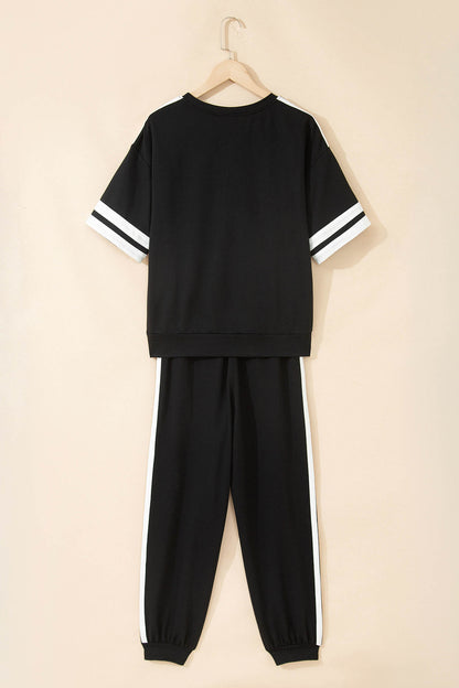 Black Varsity Striped Detail Loose Tee Jogger Pants 2pcs Outfit