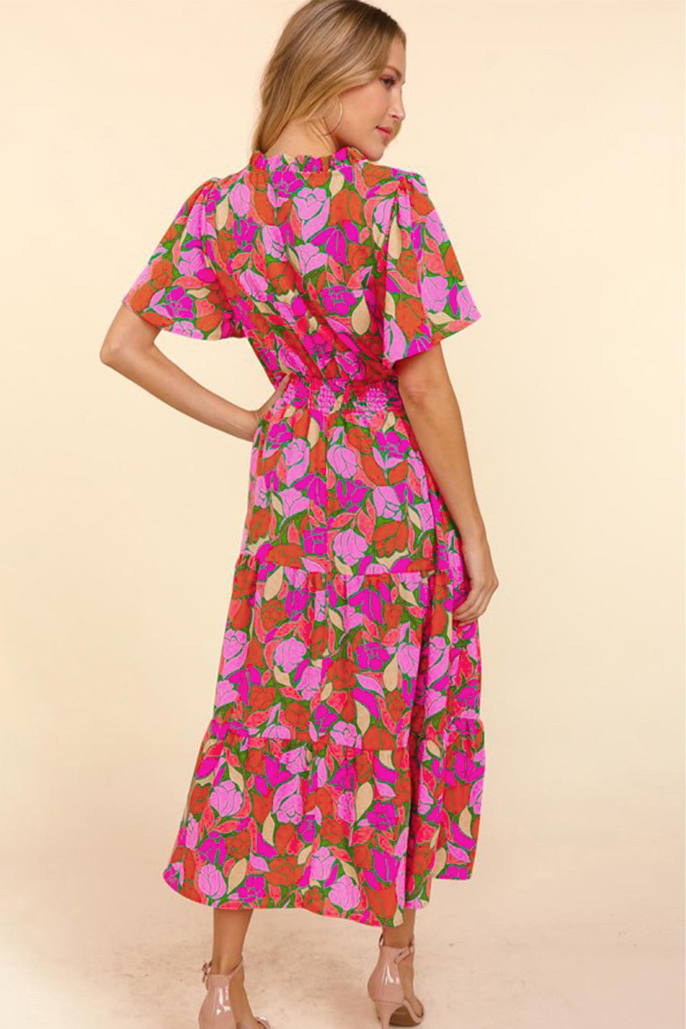 Rose Floral Short Sleeve Smocked Waist Maxi Dress