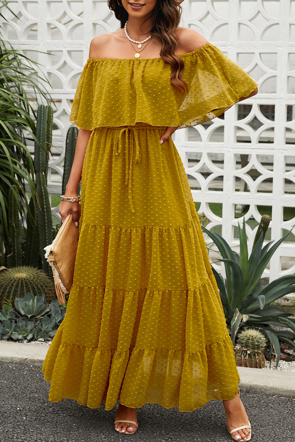 Yellow Yellow Off Shoulder Ruffle Swiss Dot Maxi Dress