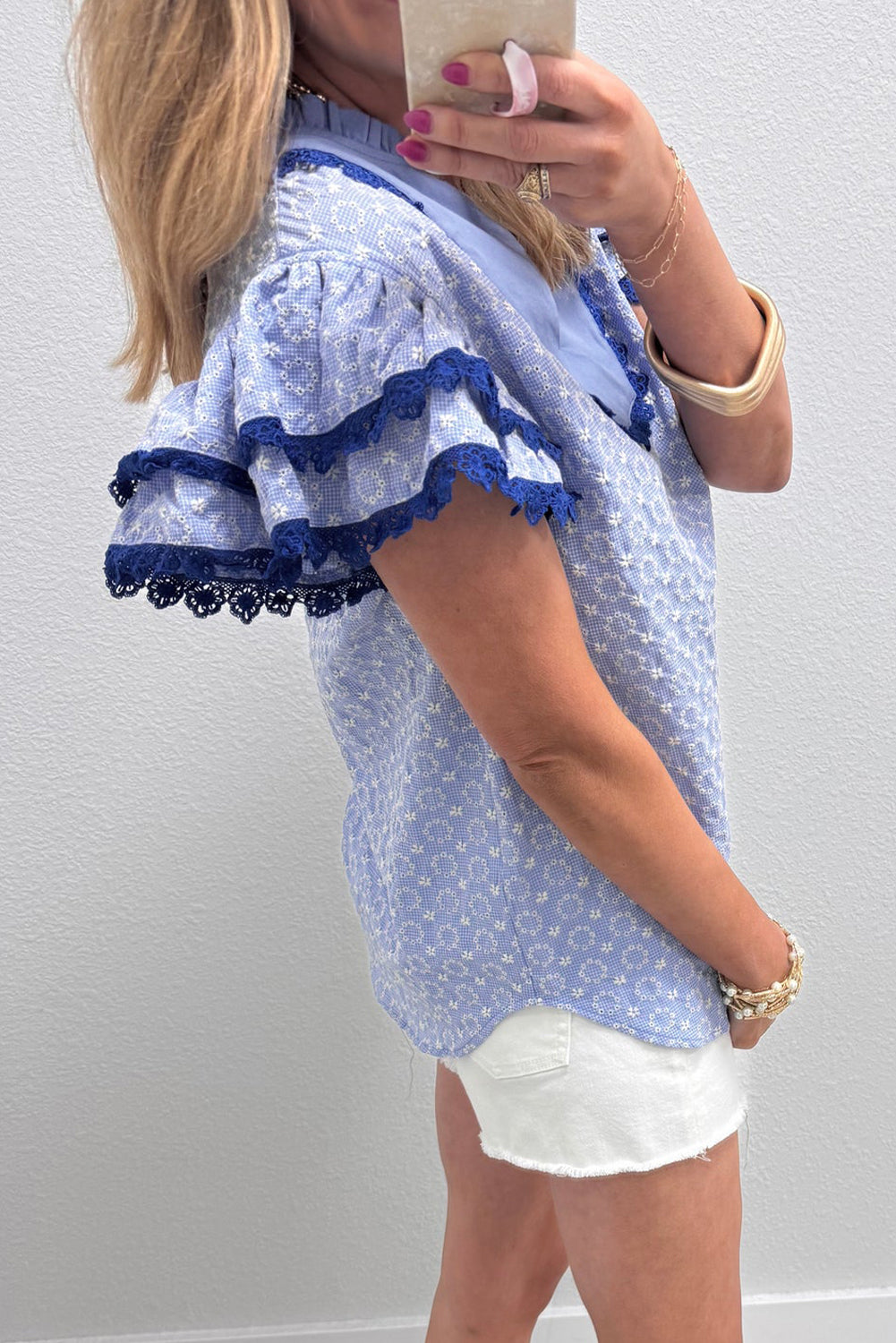 Pink Eyelet Embroidered Flower Texture Contrast Lace Trim Flutter Sleeve Blouse