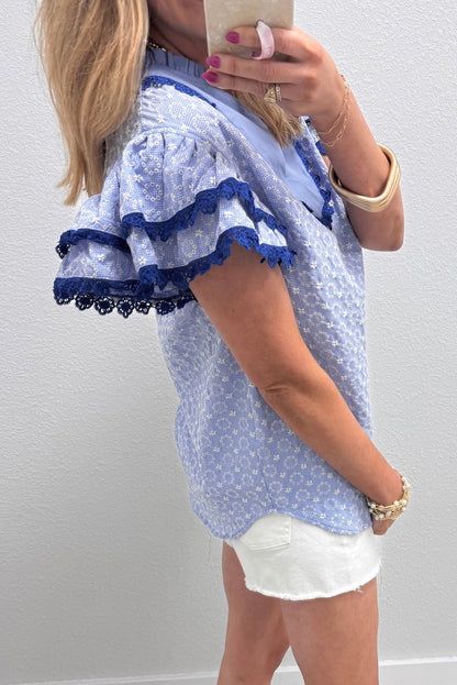 Pink Eyelet Embroidered Flower Texture Contrast Lace Trim Flutter Sleeve Blouse