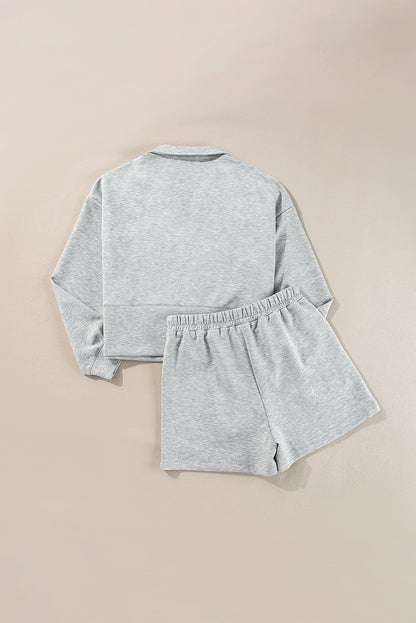 Light Grey Stand Neck Zipped Sweatshirt and Shorts Set