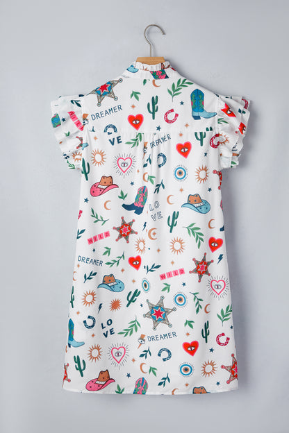 White Western Print Flutter Sleeve Button Down Mini Dress