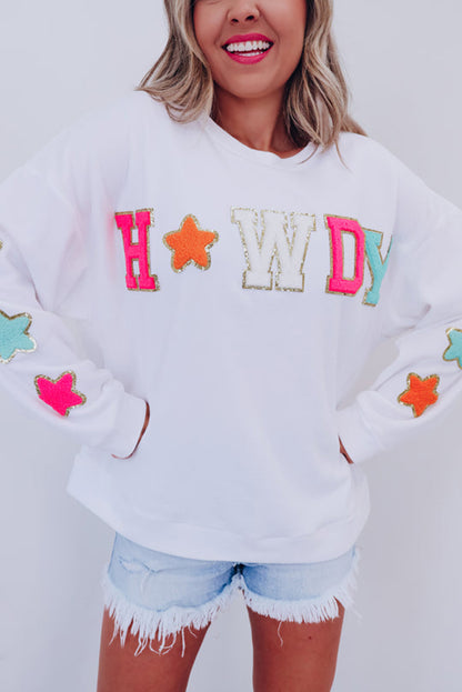 Sweat-shirt décontracté blanc pailleté avec motif graphique Howdy Patch 
