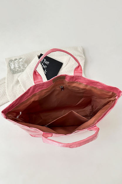 Rose Red Glossy Striped Vinyl Large Tote Bag (Color Varied)