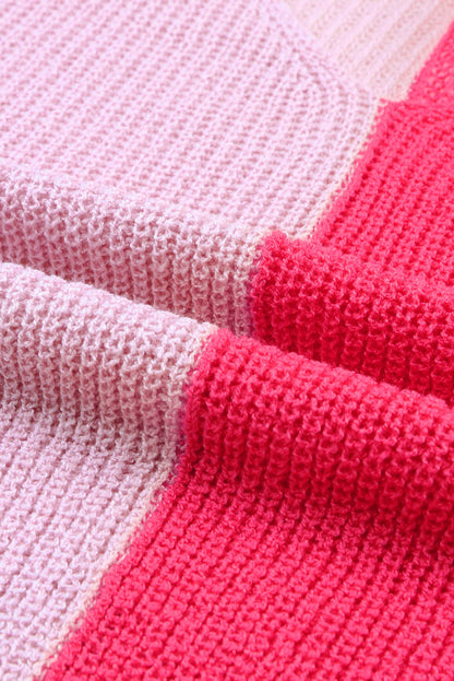 Pull rose à manches longues et col en V colorblock