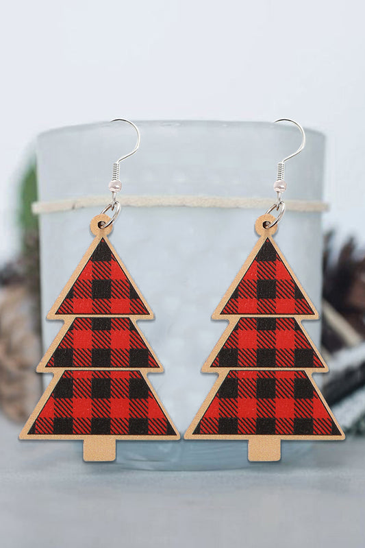 Red Plaid Christmas Tree Wooden Pendant Earrings