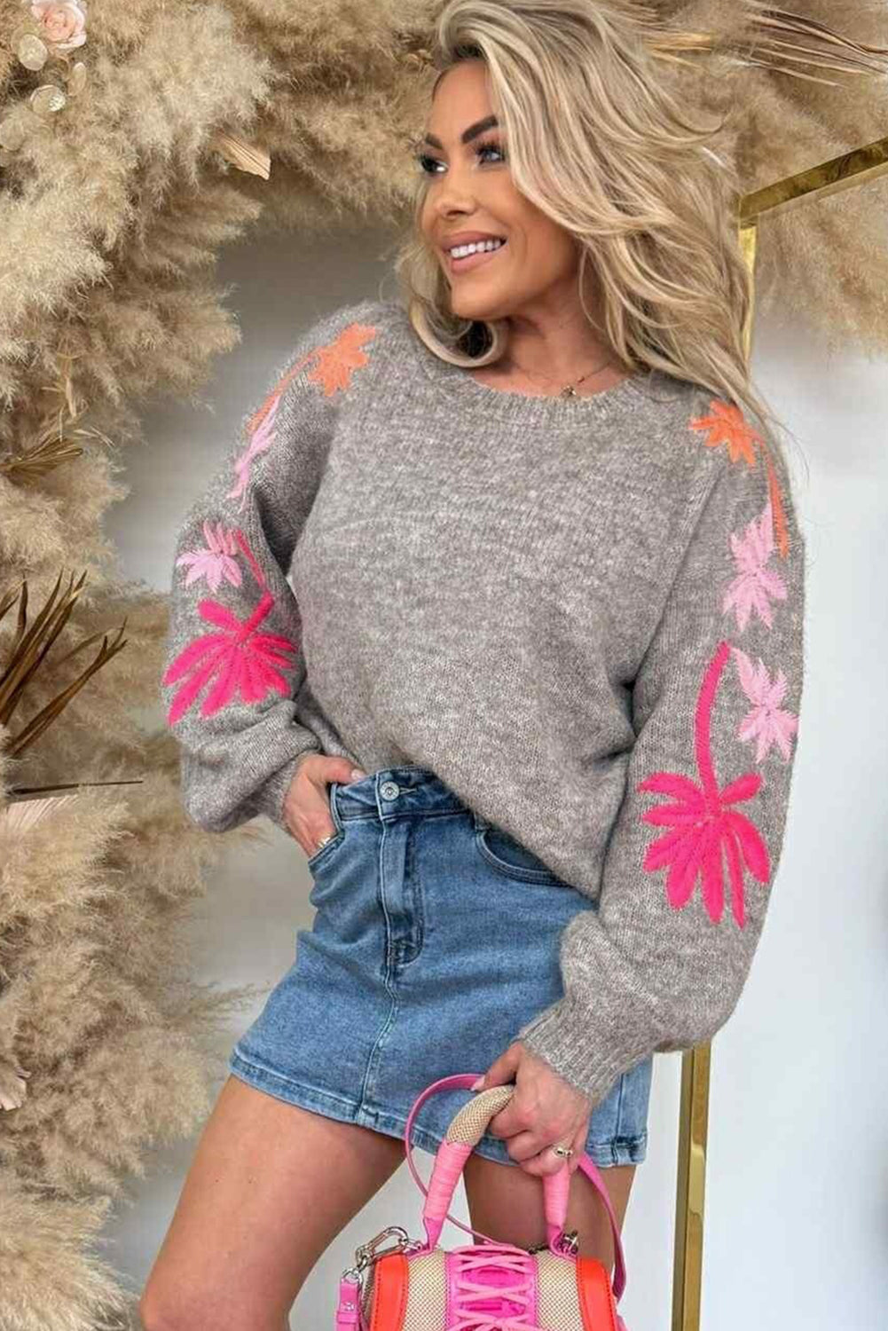 Simply Taupe Embroidered Floral Sleeve Round Neck Loose Sweater