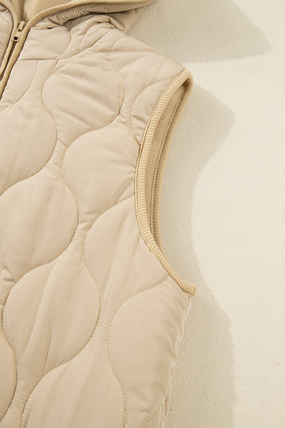 Pale Khaki Quilted Padded Casual Winter Jacket Vest with Fleece Lining