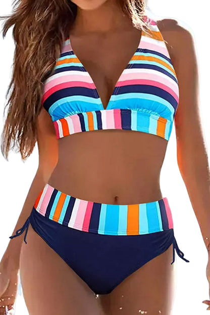 Ensemble bikini dos nu à rayures multicolores et froncé 