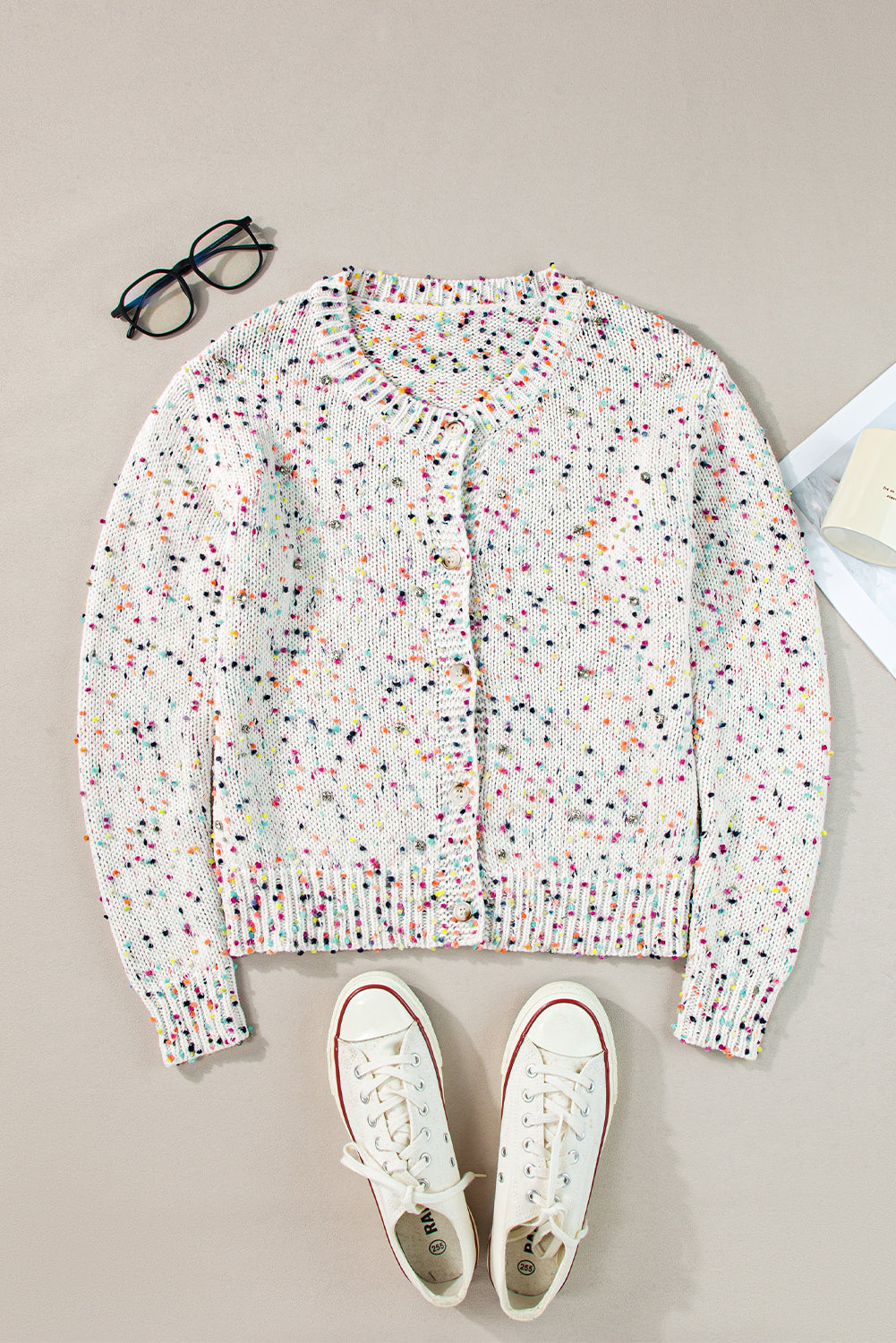 Cardigan blanc à confettis multicolores