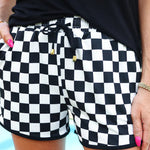 Black Checkered Drawstring Elastic Waist Casual Shorts