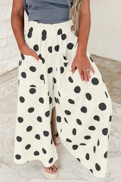 Beige Polka Dot Wide Leg Elastic Waist Casual Pants