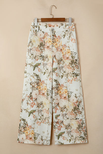 Beige Vintage Style Floral Print High Waist Wide Leg Jeans
