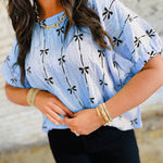Beau Blue Bow Print Puff Short Sleeve Top