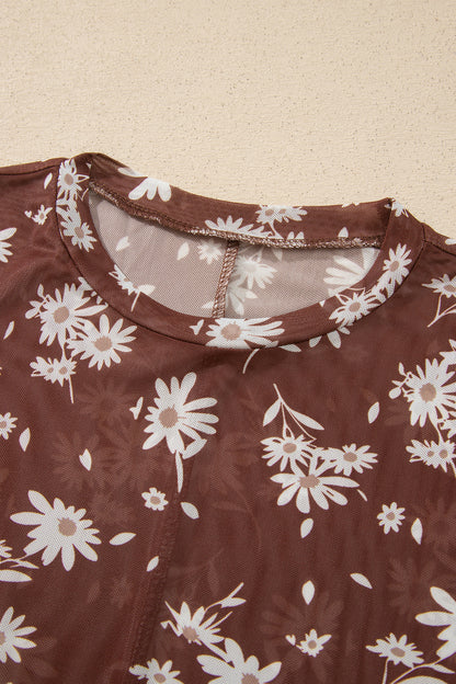 Brown Floral Print Sheer Mesh Long Sleeve Top