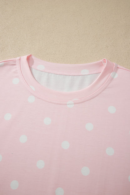 Pink Polka Dot Short Sleeve Loose Top Drawstring Shorts Set