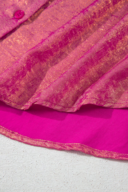 Chemise décontractée boutonnée à manches courtes et à reflets métallisés rouge rose