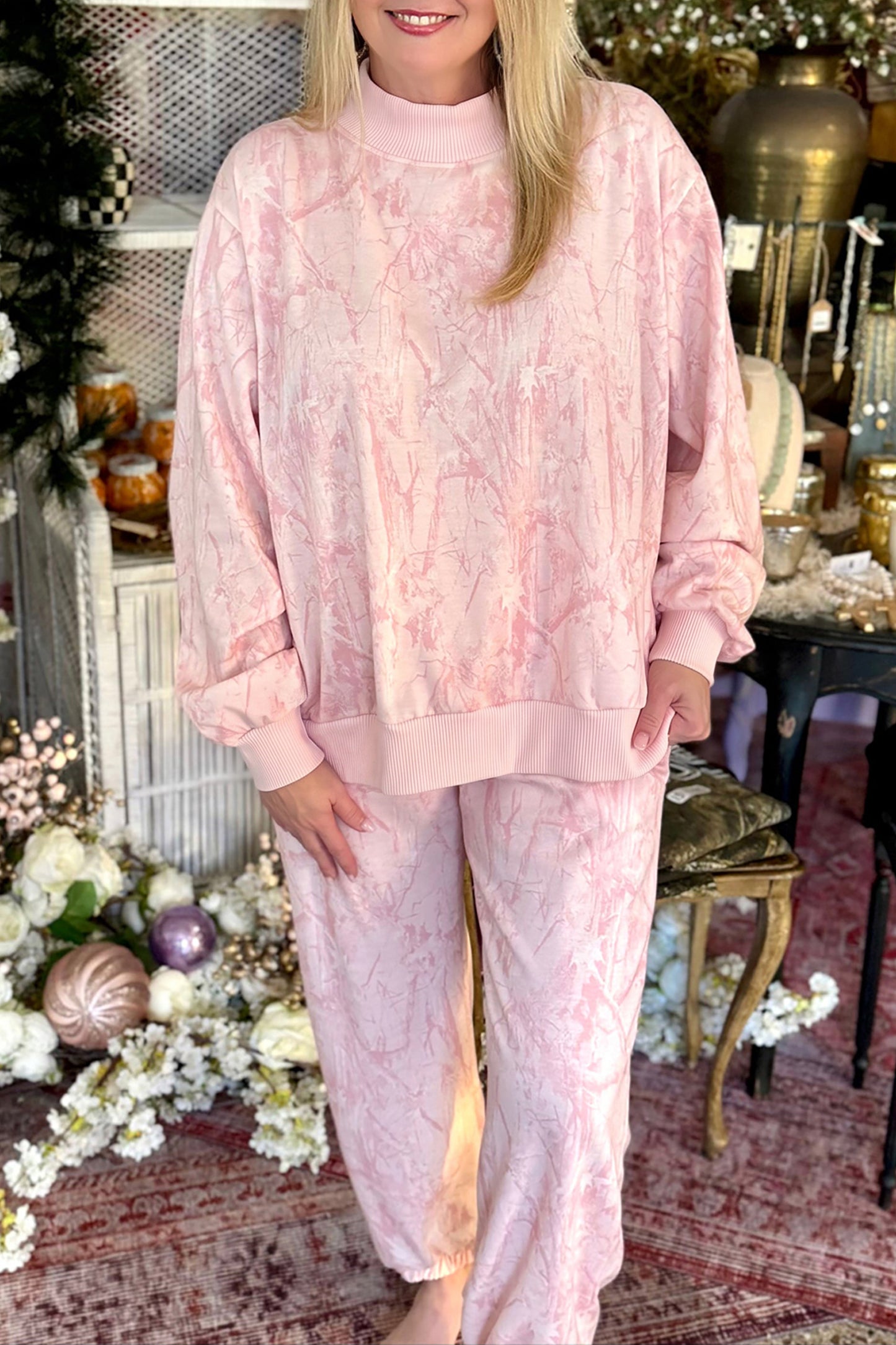 Pink Camouflage Print Stand Neck Long Sleeve Regular Fit Plus Size Set