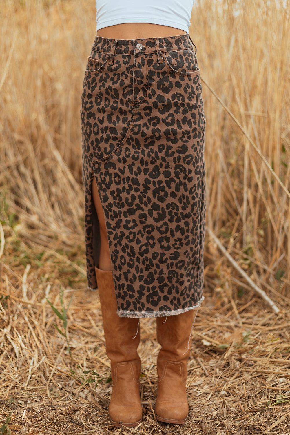 Brown Leopard Print Frayed Edge Denim Skirt Long Casual Daily Wear