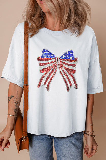White Patriotic Sequin Bow Graphic Oversized Tee