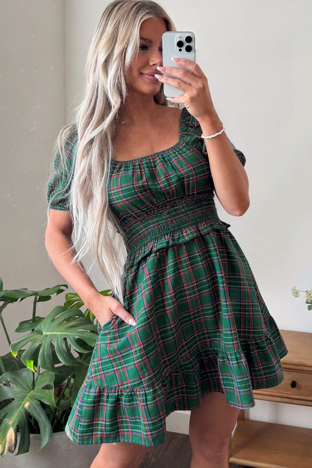 Green Plaid Shirred U Neck Short Sleeve Mini Dress